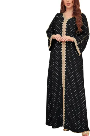Women's V Neck Color Block Polka Dot Print Long Sleeve Long Muslim Sleepwear With Gold Foil Soft Comfy Nightgowns