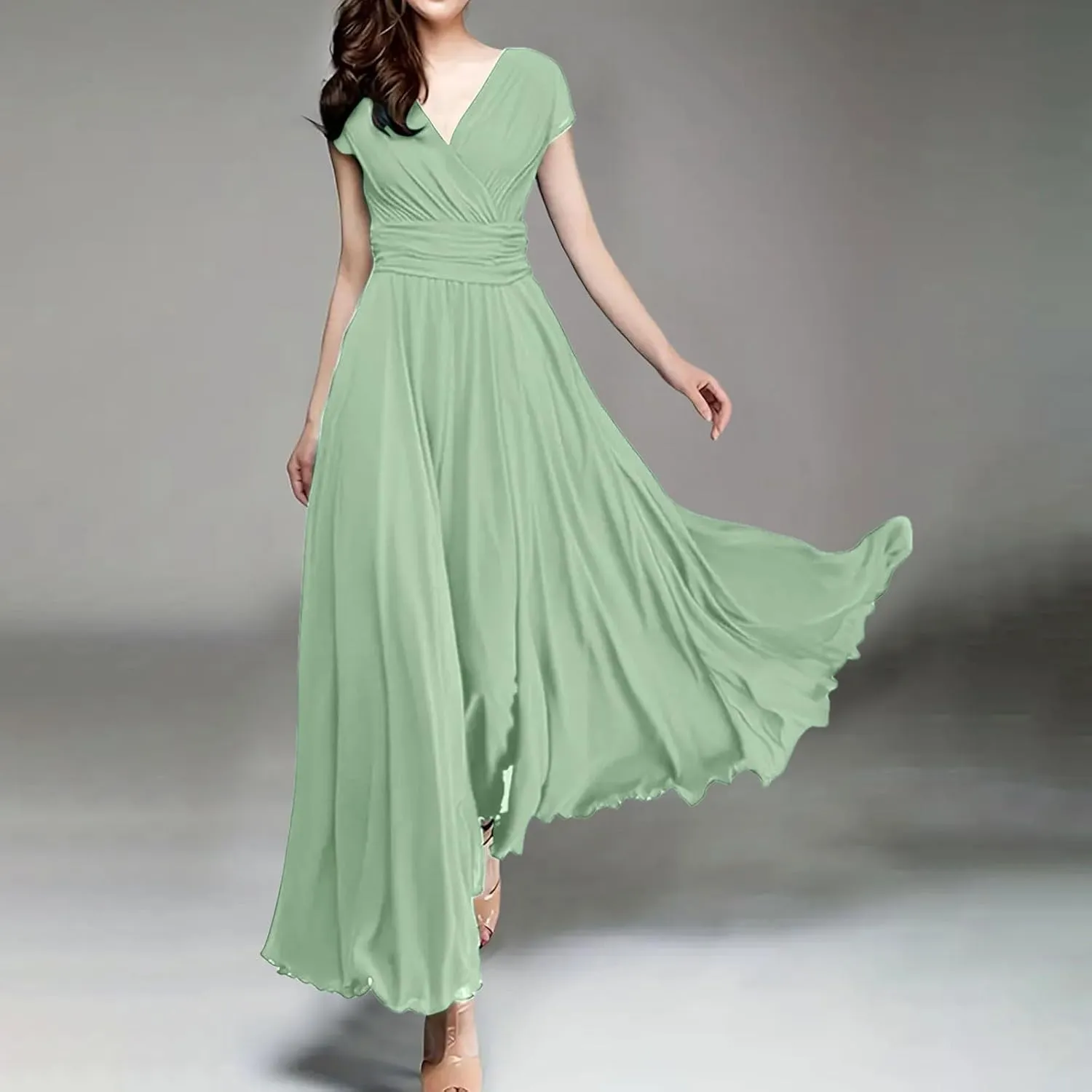 Women's V-Neck Solid Color Short Sleeve Chiffon Waist Closing Evening Misses Floral Dresses Front Cross Sexy Dress