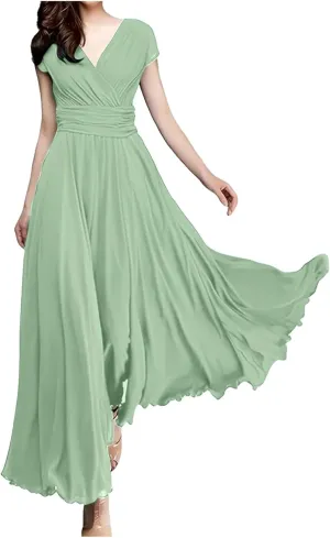 Women's V-Neck Solid Color Short Sleeve Chiffon Waist Closing Evening Misses Floral Dresses Front Cross Sexy Dress
