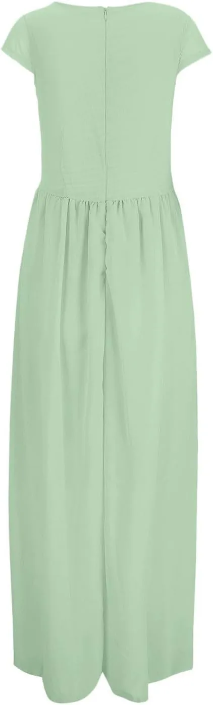 Women's V-Neck Solid Color Short Sleeve Chiffon Waist Closing Evening Misses Floral Dresses Front Cross Sexy Dress
