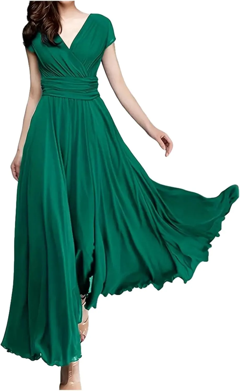 Women's V-Neck Solid Color Short Sleeve Chiffon Waist Closing Evening Misses Floral Dresses Front Cross Sexy Dress