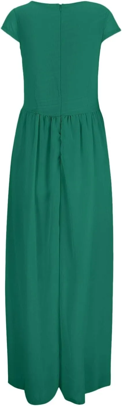 Women's V-Neck Solid Color Short Sleeve Chiffon Waist Closing Evening Misses Floral Dresses Front Cross Sexy Dress