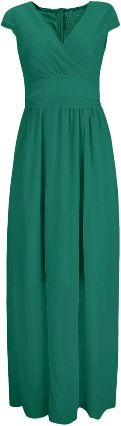 Women's V-Neck Solid Color Short Sleeve Chiffon Waist Closing Evening Misses Floral Dresses Front Cross Sexy Dress