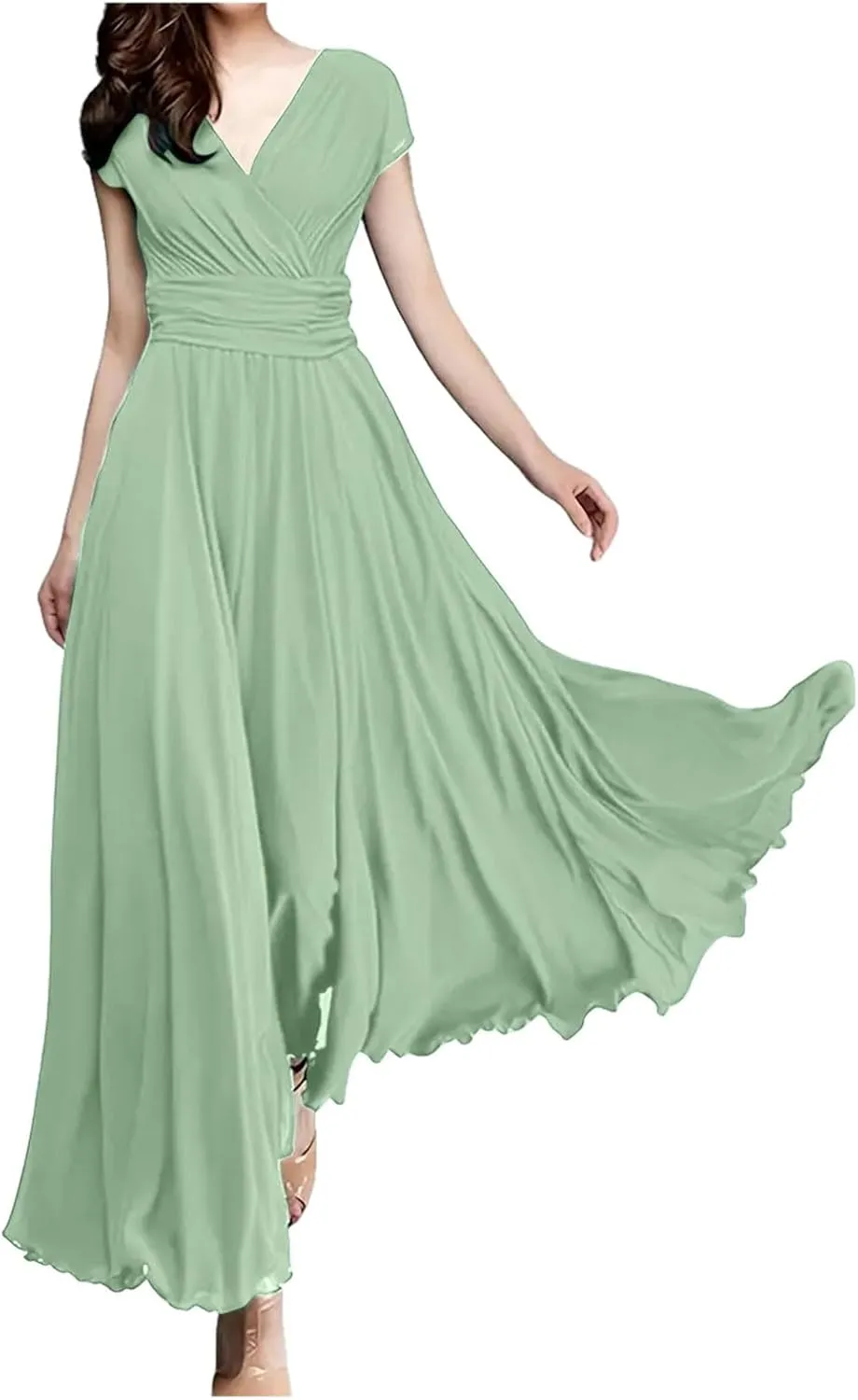 Women's V-Neck Solid Color Short Sleeve Chiffon Waist Closing Evening Misses Floral Dresses Front Cross Sexy Dress