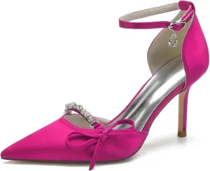 Womens Wedding Shoes Bridal Evening Party Dress Shoes Satin Ankle Strap Wedding Bride Party Shoes with Bow Rhinestone(Rose Red,11.5)