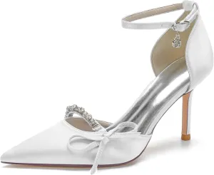 Womens Wedding Shoes Bridal Evening Party Dress Shoes Satin Ankle Strap Wedding Bride Party Shoes with Bow Rhinestone(White,9.5)