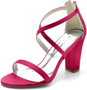 Womens Wedding Shoes Women's Round-Toe High Heel Court Shoes with Chunky Heel & Zipper - Cross-Strap Satin Design - Ideal for Wedding, Party & Bridal Occasions Dark Purple(Rose Red,6 UK)