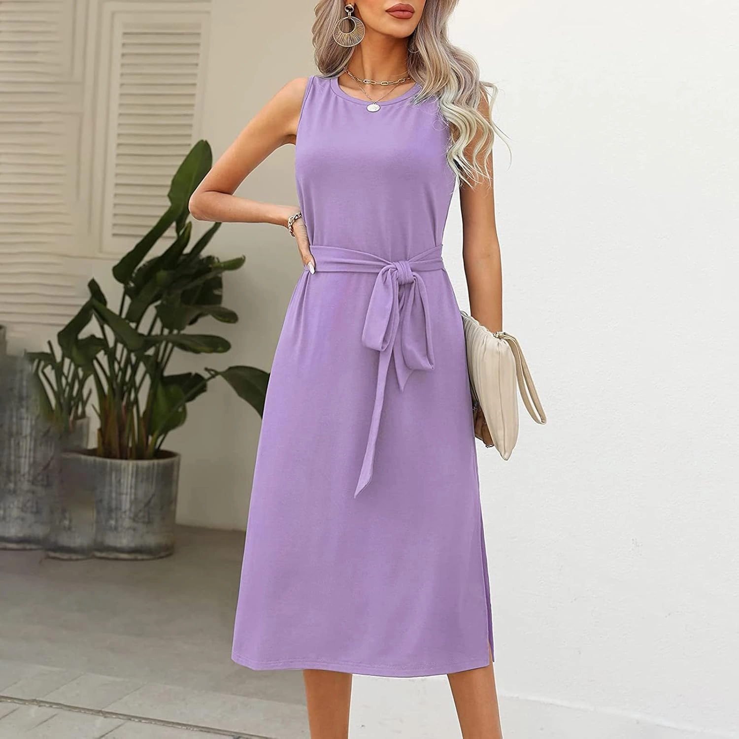 Womens Dress Sleeveless Round Neck Backless Midi Skirt Casual Pleated Belt with Pockets Dresses Working Vacation