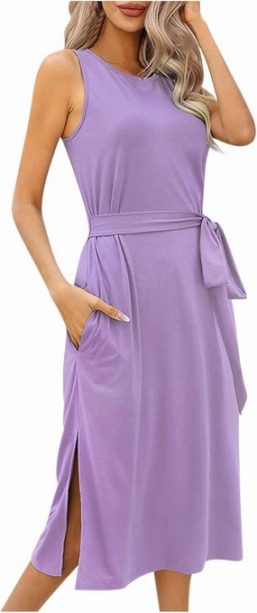 Womens Dress Sleeveless Round Neck Backless Midi Skirt Casual Pleated Belt with Pockets Dresses Working Vacation
