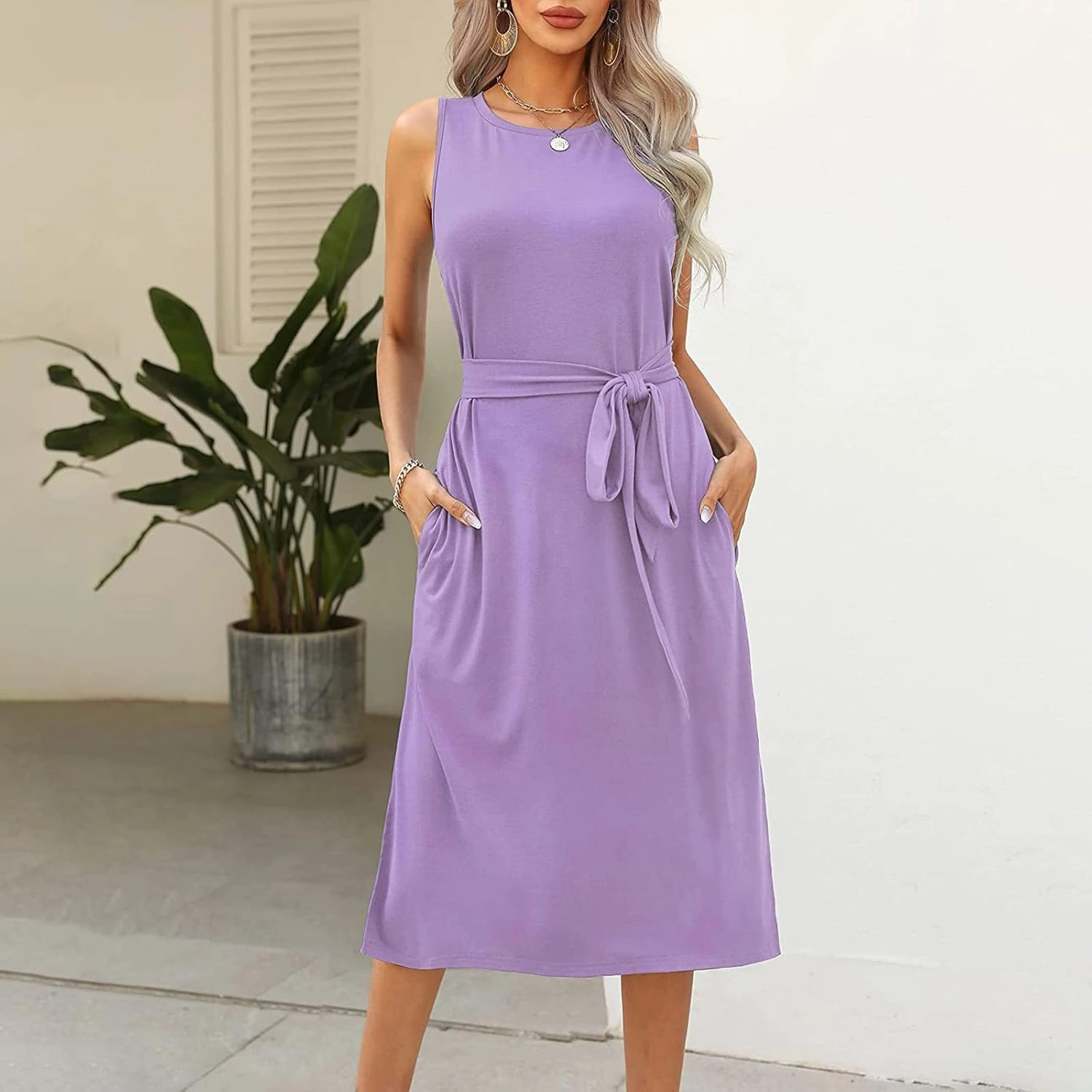 Womens Dress Sleeveless Round Neck Backless Midi Skirt Casual Pleated Belt with Pockets Dresses Working Vacation