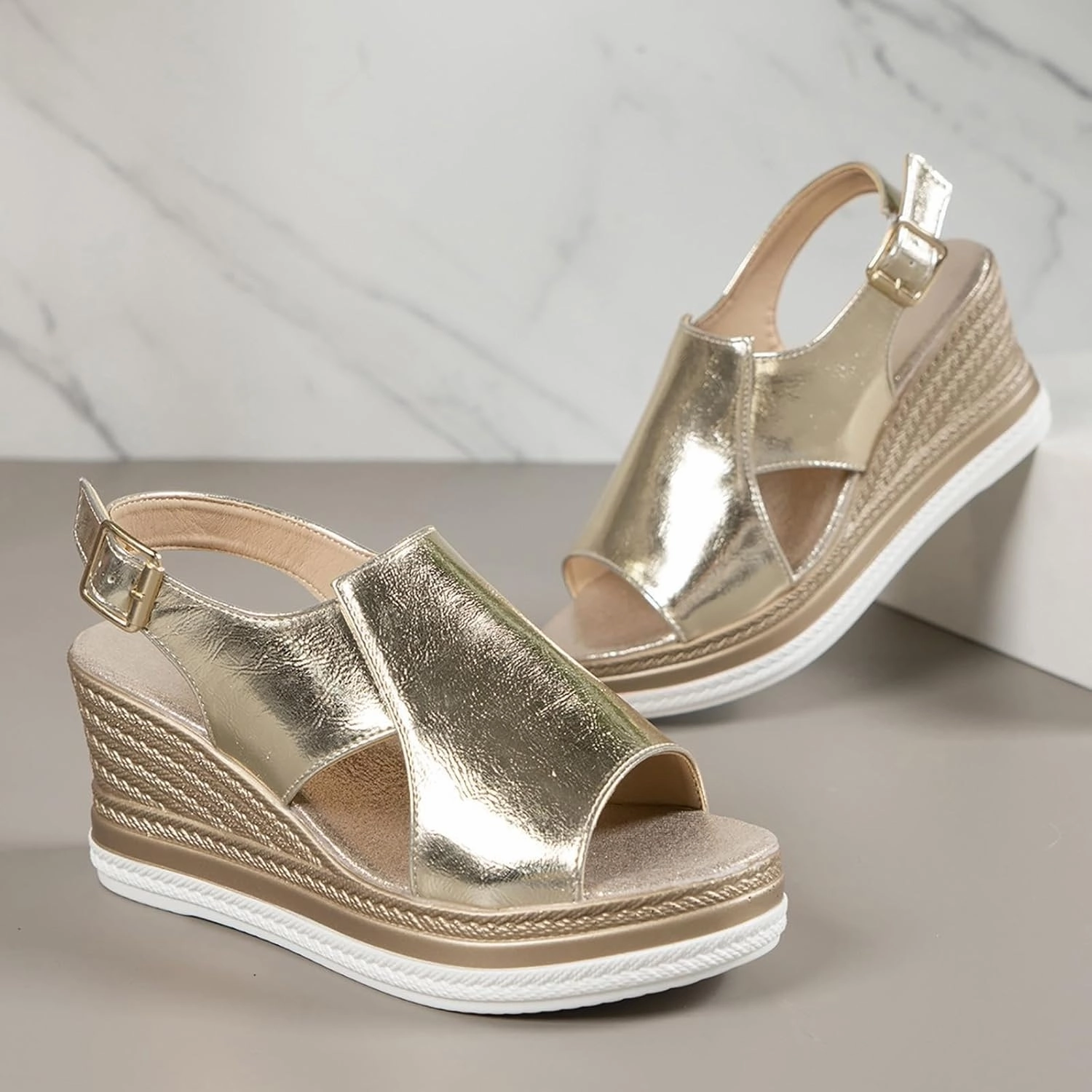 Womens Espadrille Wedge Sandals Open Toe Platform Fish Mouth Silver Ankle Strap Slingback Summer Dress Shoes Rhinestone