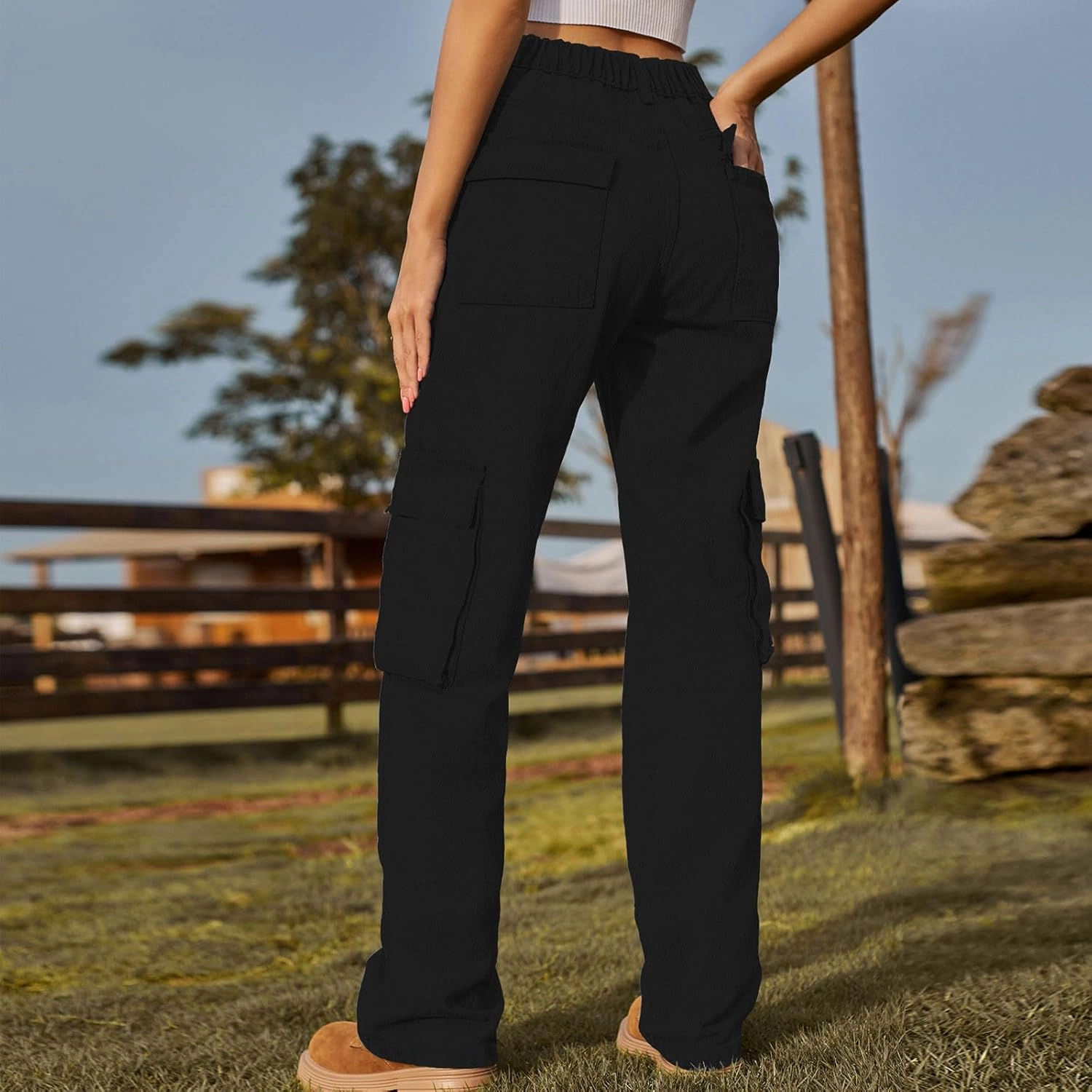 Womens High Waisted Cargo Jeans Casual Stretchy Wide Leg Cargo Pants with 6 Pockets Y2K Streetwear Denim Trousers