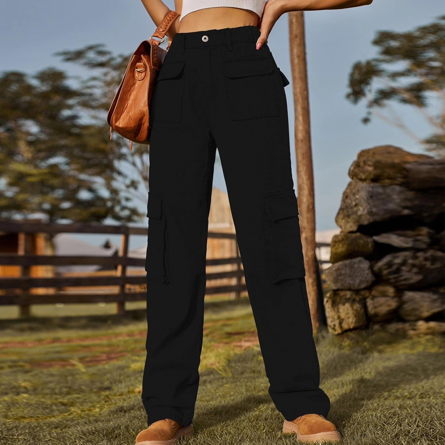Womens High Waisted Cargo Jeans Casual Stretchy Wide Leg Cargo Pants with 6 Pockets Y2K Streetwear Denim Trousers