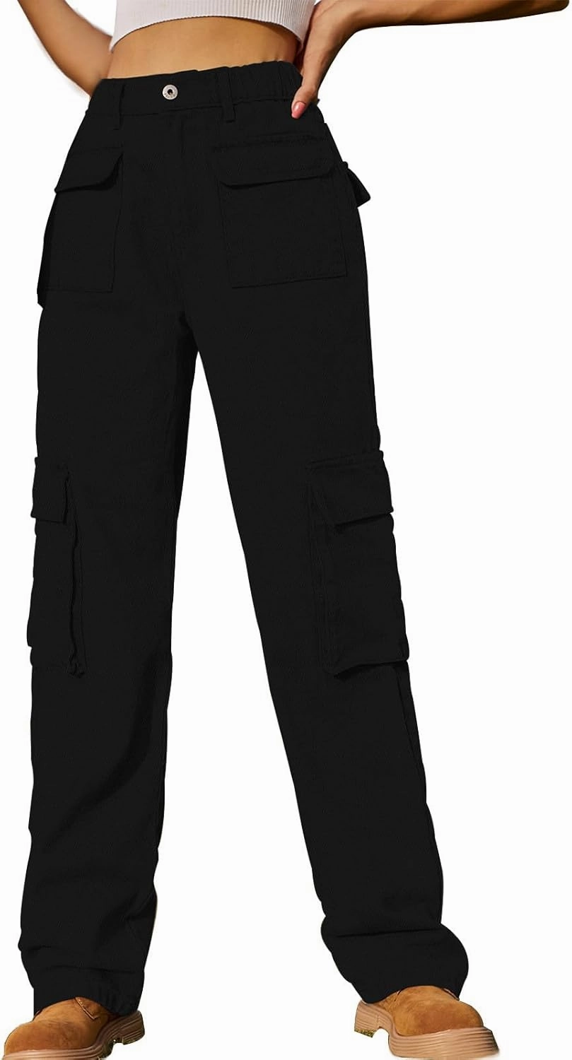 Womens High Waisted Cargo Jeans Casual Stretchy Wide Leg Cargo Pants with 6 Pockets Y2K Streetwear Denim Trousers