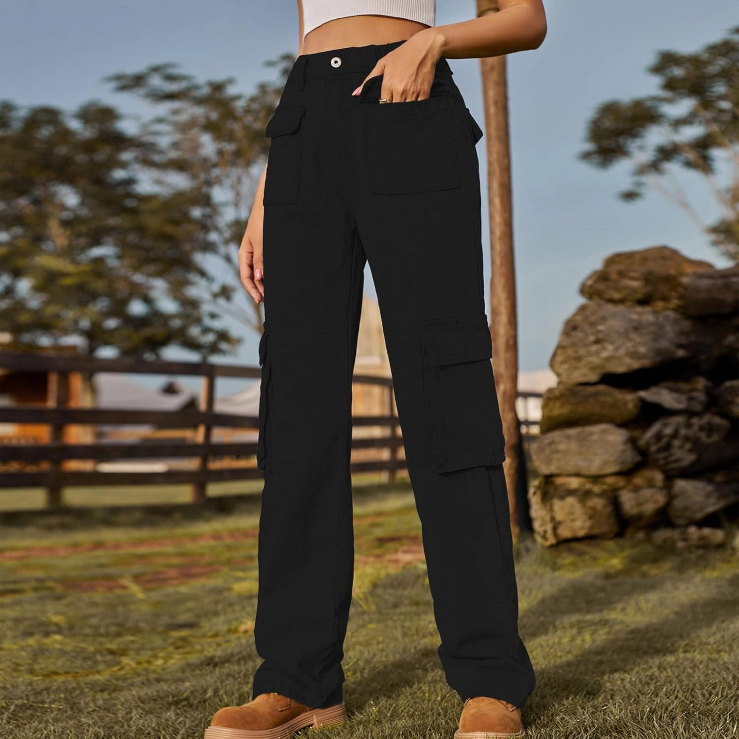 Womens High Waisted Cargo Jeans Casual Stretchy Wide Leg Cargo Pants with 6 Pockets Y2K Streetwear Denim Trousers