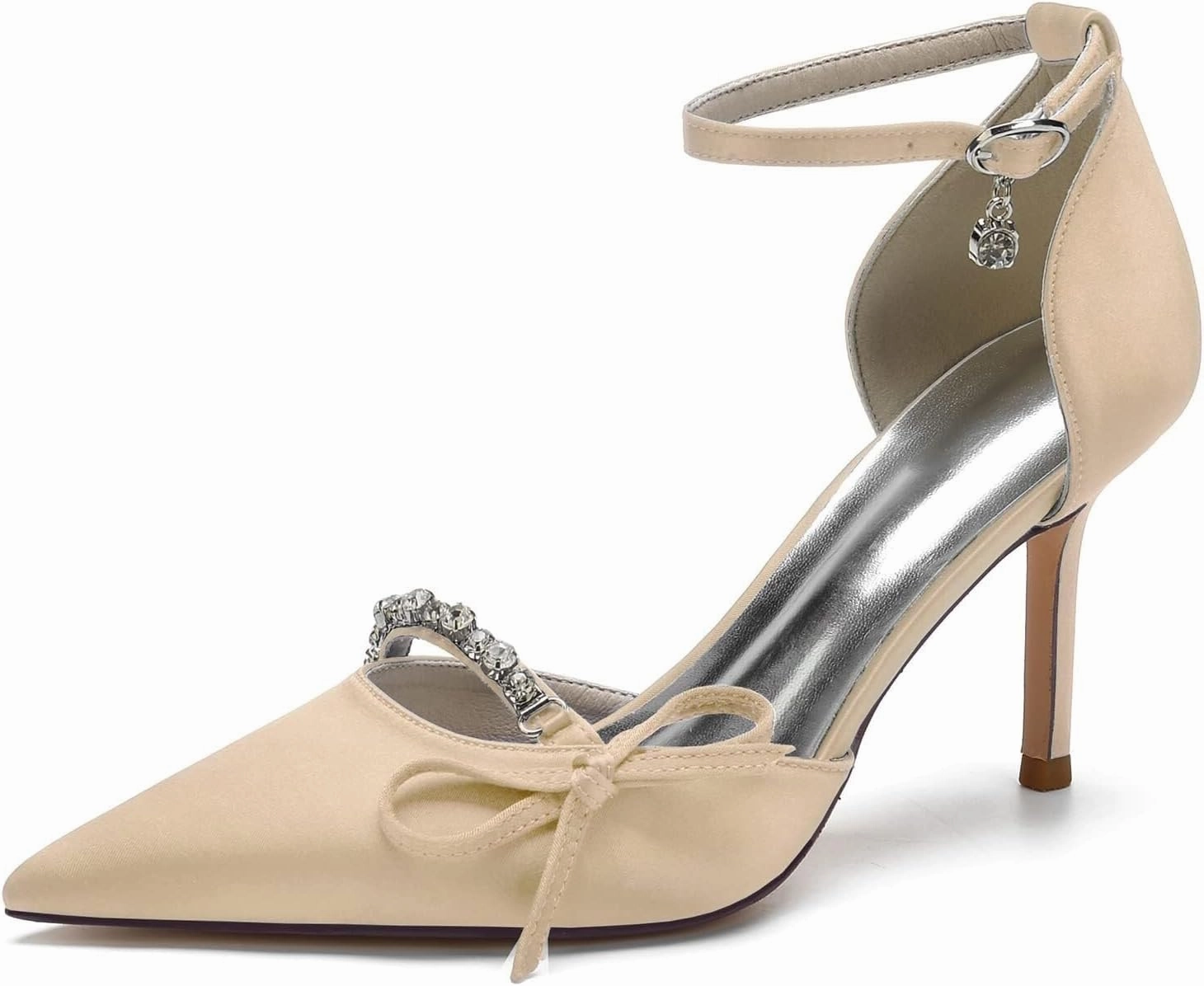 Womens Wedding Shoes Bridal Evening Party Dress Shoes Satin Ankle Strap Wedding Bride Party Shoes with Bow Rhinestone(Champagne,6)