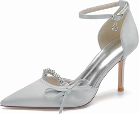 Womens Wedding Shoes Bridal Evening Party Dress Shoes Satin Ankle Strap Wedding Bride Party Shoes with Bow Rhinestone(Silver,9)