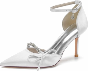 Womens Wedding Shoes Bridal Evening Party Dress Shoes Satin Ankle Strap Wedding Bride Party Shoes with Bow Rhinestone(White,6.5)