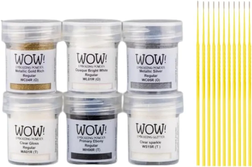 Wow! Embossing Powder Starter Kit - The 6 Essentials (Gold Metallic, Silver Metallic, Bright White, Ebony, Clear Regular and Clear Sparkle) with Trebbies Detail Sticks