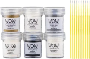 Wow! Embossing Powder Starter Kit - The 6 Essentials (Gold Metallic, Silver Metallic, Bright White, Ebony, Clear Regular and Clear Sparkle) with Trebbies Detail Sticks