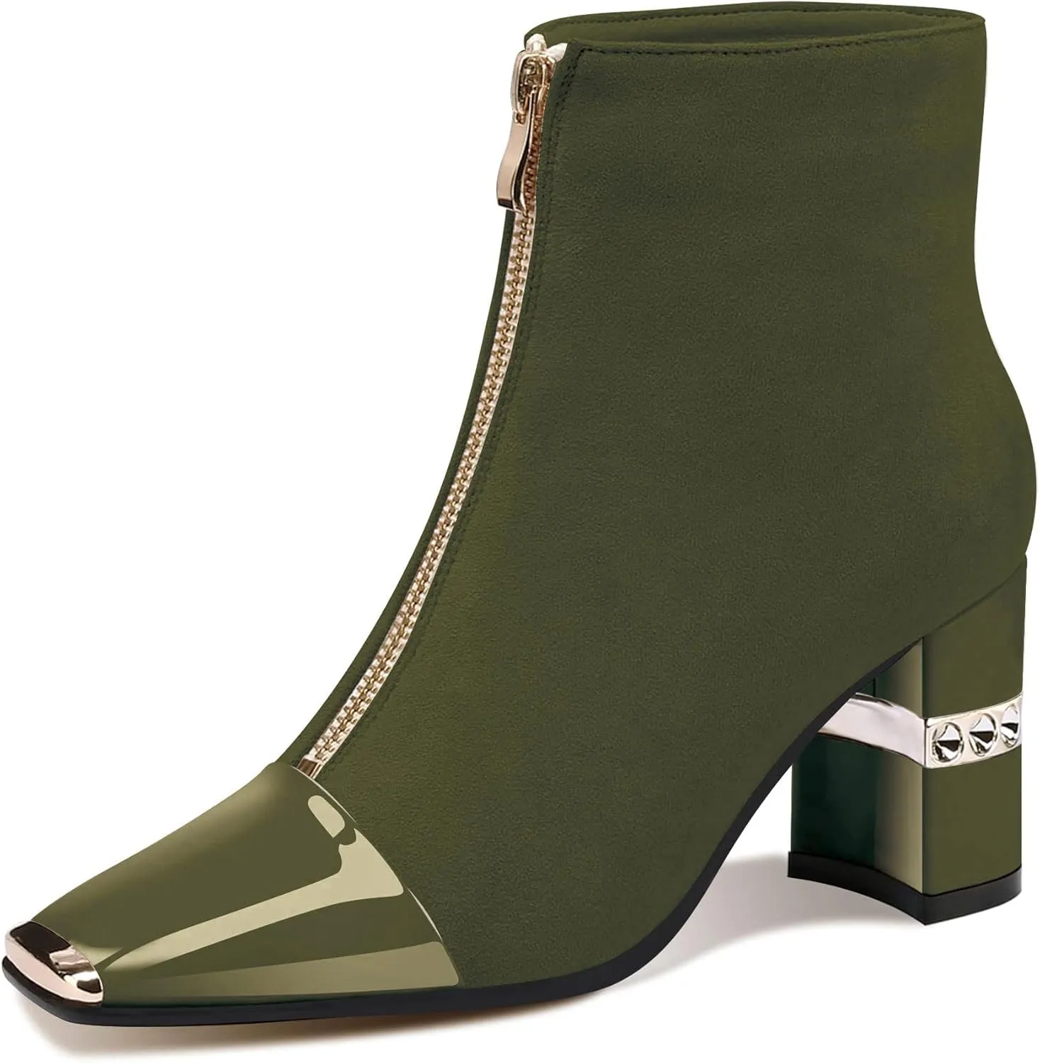 XINIUNIU Women's Ankle Boots Block Chunky Heels Booties Metal Square Toe Suede Front Zipper 3 Inch Short Boot Dress