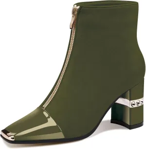 XINIUNIU Women's Ankle Boots Block Chunky Heels Booties Metal Square Toe Suede Front Zipper 3 Inch Short Boot Dress