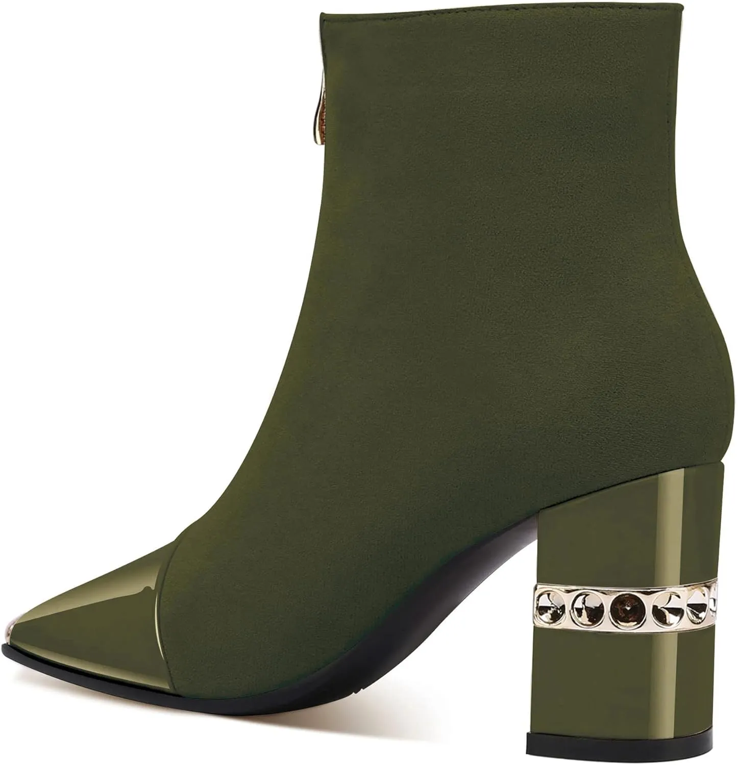 XINIUNIU Women's Ankle Boots Block Chunky Heels Booties Metal Square Toe Suede Front Zipper 3 Inch Short Boot Dress