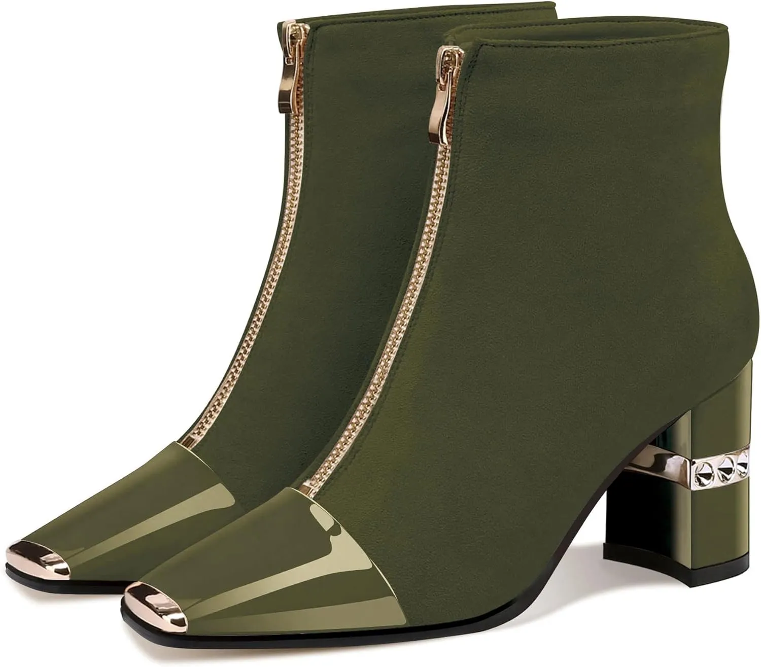 XINIUNIU Women's Ankle Boots Block Chunky Heels Booties Metal Square Toe Suede Front Zipper 3 Inch Short Boot Dress