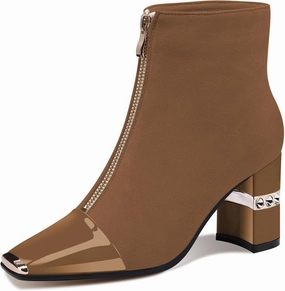 XINIUNIU Women's Ankle Boots Block Chunky Heels Booties Metal Square Toe Suede Front Zipper 3 Inch Short Boot Dress