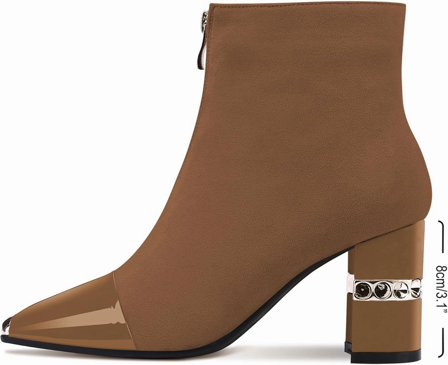 XINIUNIU Women's Ankle Boots Block Chunky Heels Booties Metal Square Toe Suede Front Zipper 3 Inch Short Boot Dress