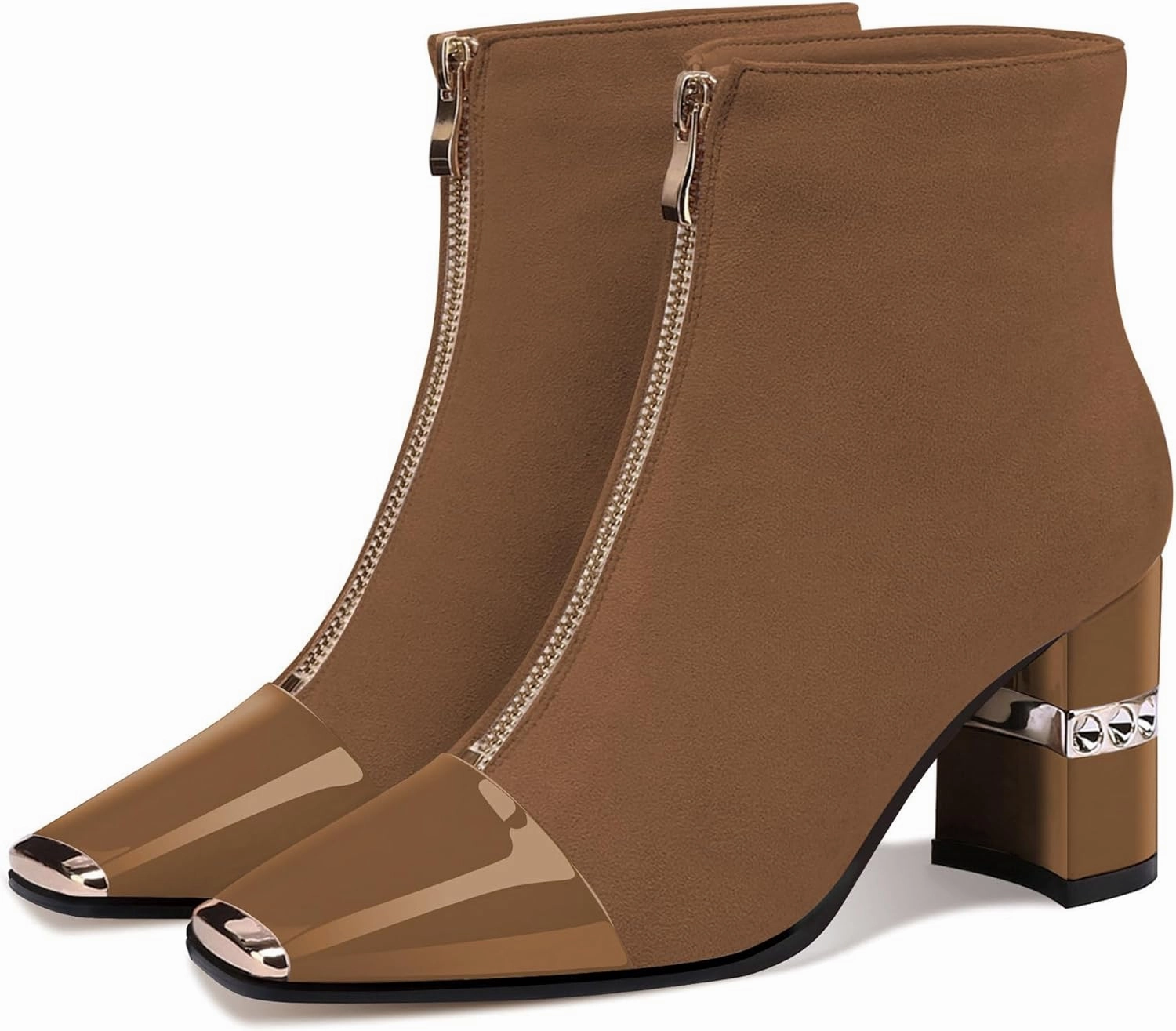 XINIUNIU Women's Ankle Boots Block Chunky Heels Booties Metal Square Toe Suede Front Zipper 3 Inch Short Boot Dress