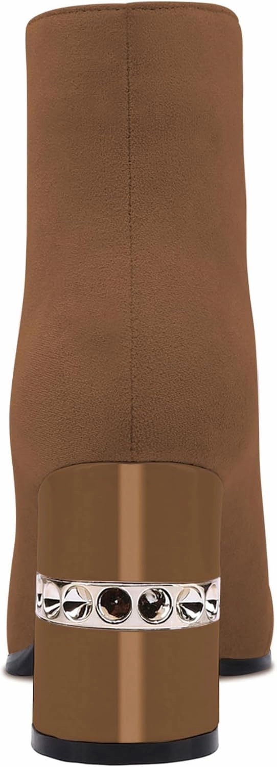 XINIUNIU Women's Ankle Boots Block Chunky Heels Booties Metal Square Toe Suede Front Zipper 3 Inch Short Boot Dress