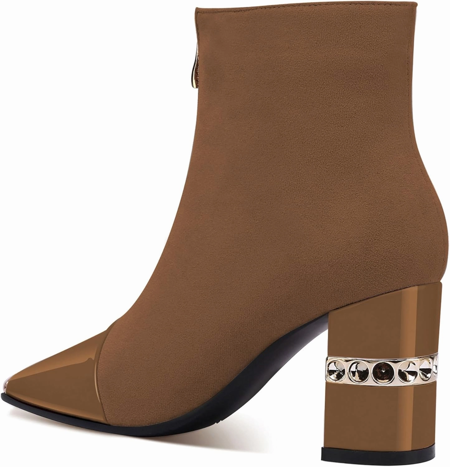 XINIUNIU Women's Ankle Boots Block Chunky Heels Booties Metal Square Toe Suede Front Zipper 3 Inch Short Boot Dress