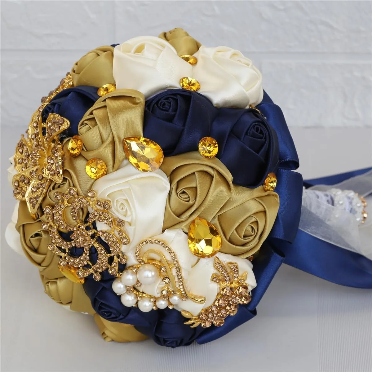 XINNI Handmade Bridal Wedding Bouquet Bride Bridesmaid Satin Rose Flower Bouquet with Rhinestone Pearl Lace Wedding Decoration (NavyBlue Ivory Gold)