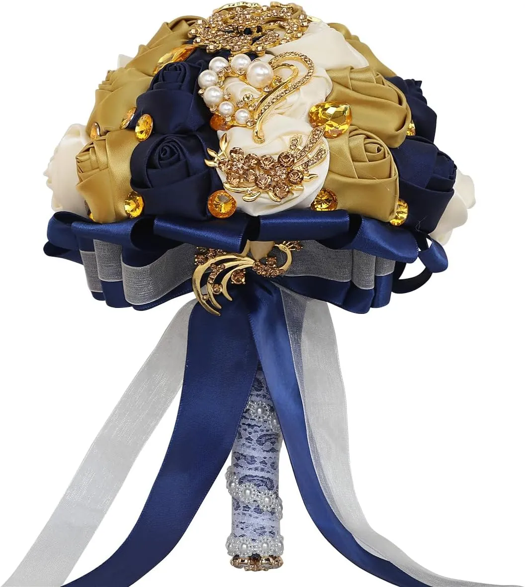 XINNI Handmade Bridal Wedding Bouquet Bride Bridesmaid Satin Rose Flower Bouquet with Rhinestone Pearl Lace Wedding Decoration (NavyBlue Ivory Gold)