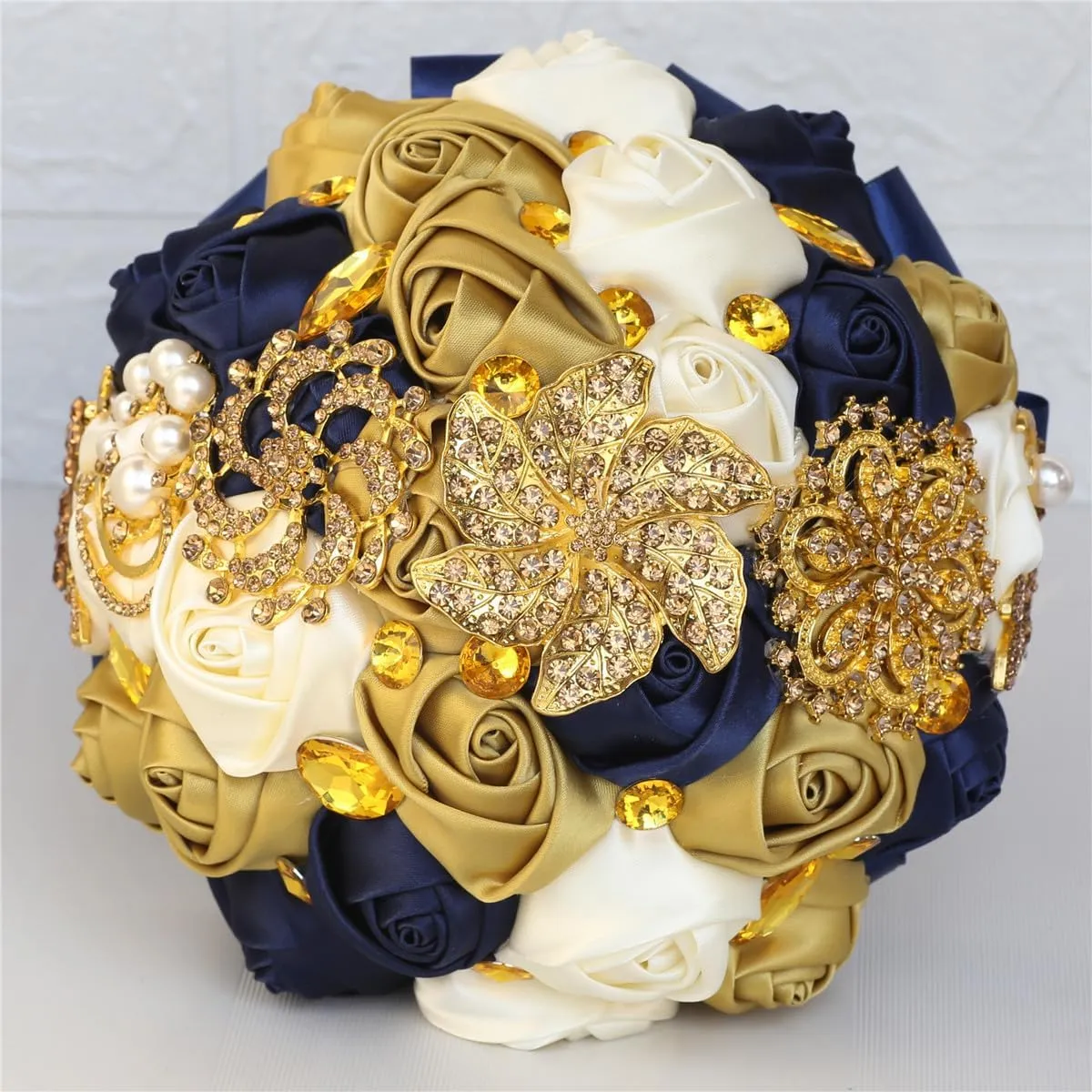 XINNI Handmade Bridal Wedding Bouquet Bride Bridesmaid Satin Rose Flower Bouquet with Rhinestone Pearl Lace Wedding Decoration (NavyBlue Ivory Gold)