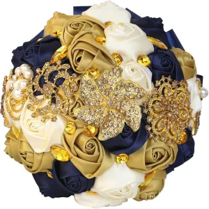 XINNI Handmade Bridal Wedding Bouquet Bride Bridesmaid Satin Rose Flower Bouquet with Rhinestone Pearl Lace Wedding Decoration (NavyBlue Ivory Gold)