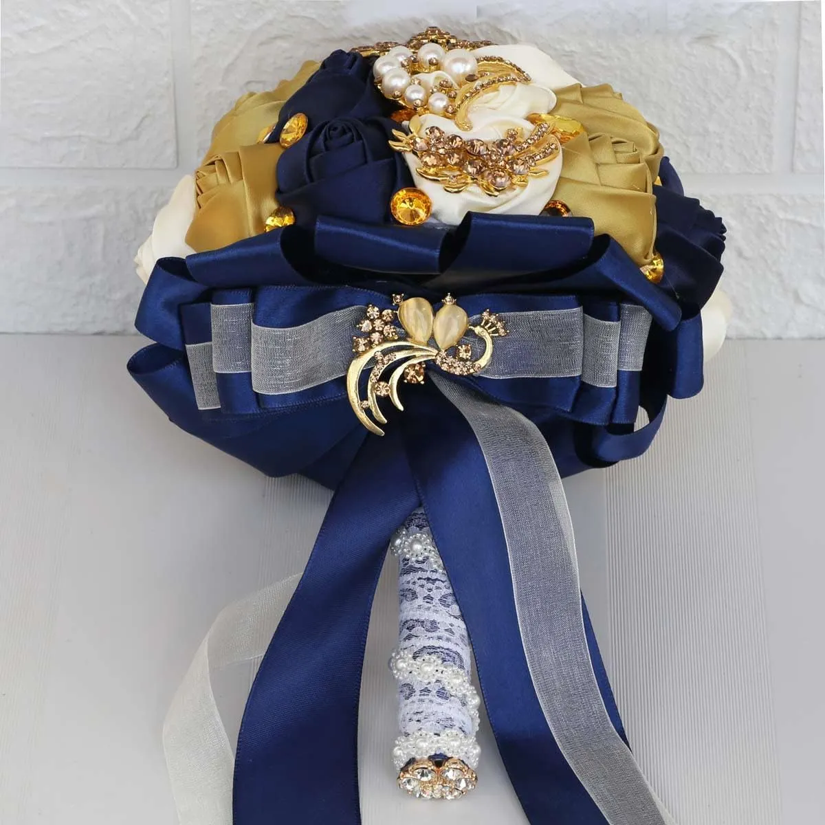 XINNI Handmade Bridal Wedding Bouquet Bride Bridesmaid Satin Rose Flower Bouquet with Rhinestone Pearl Lace Wedding Decoration (NavyBlue Ivory Gold)