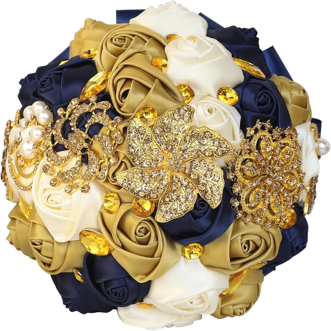 XINNI Handmade Bridal Wedding Bouquet Bride Bridesmaid Satin Rose Flower Bouquet with Rhinestone Pearl Lace Wedding Decoration (NavyBlue Ivory Gold)