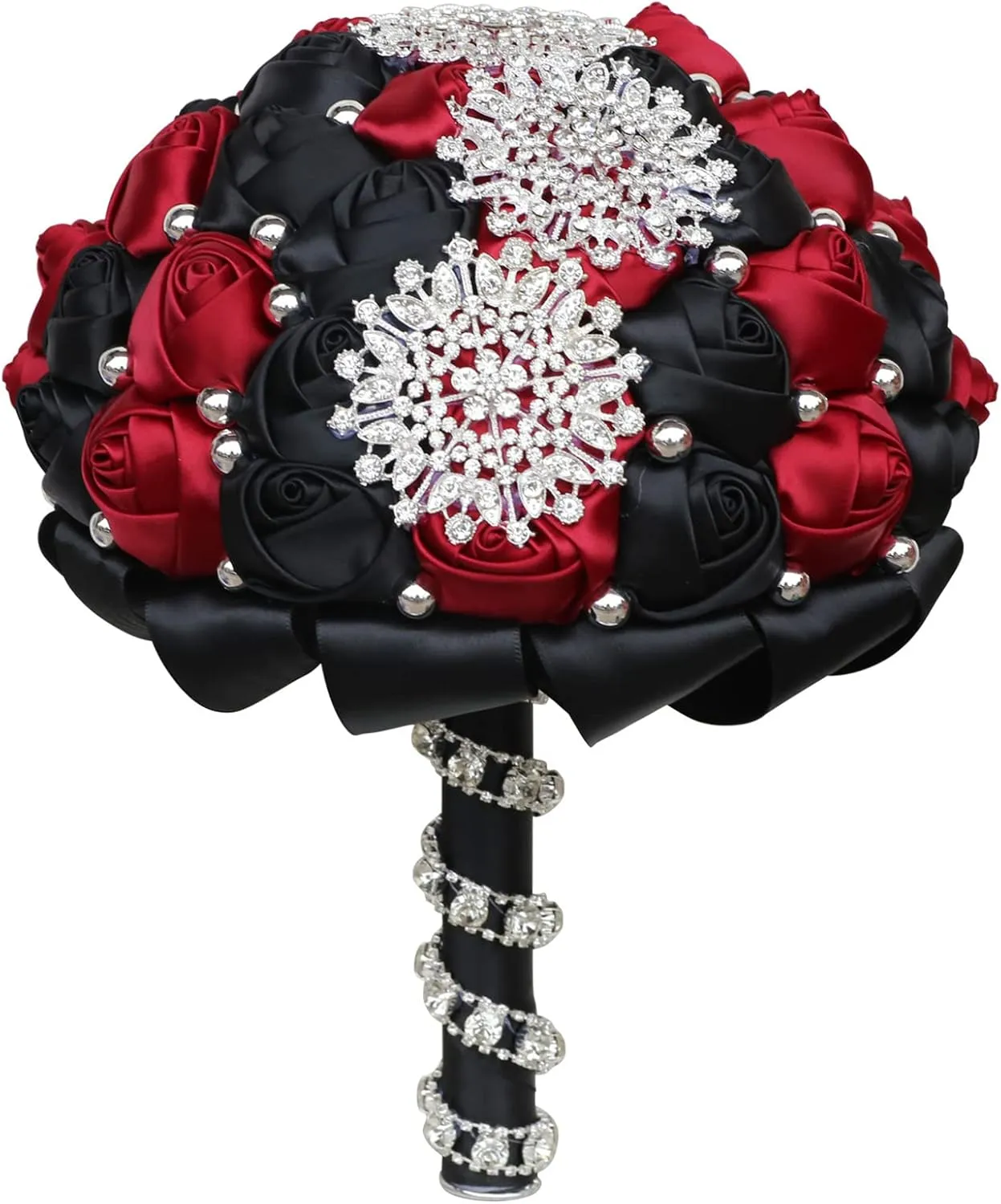 XINNI Handmade Bridal Wedding Bouquet Bride Bridesmaid Satin Rose Flower Bouquet with Rhinestone Pearl Lace Wedding Decoration (W-Black Dark Red)