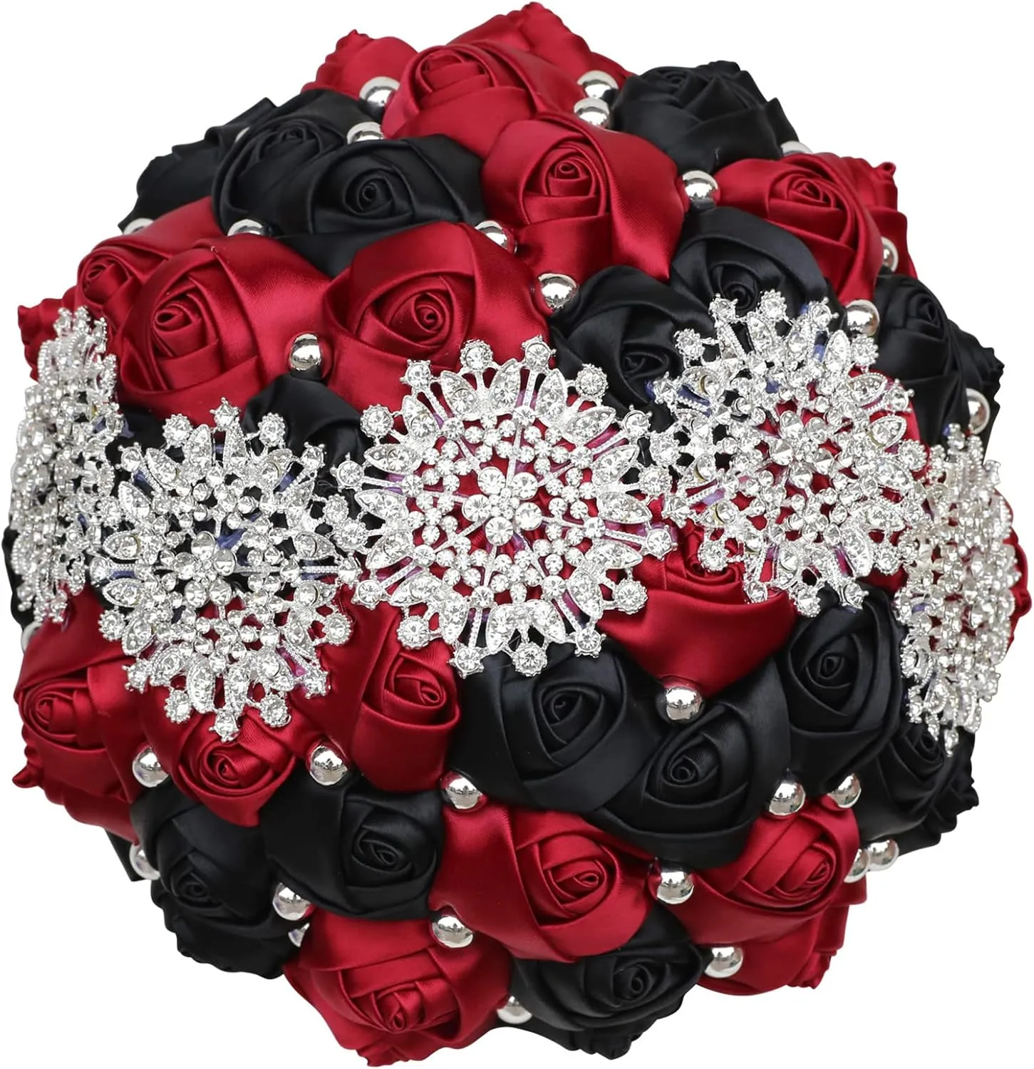 XINNI Handmade Bridal Wedding Bouquet Bride Bridesmaid Satin Rose Flower Bouquet with Rhinestone Pearl Lace Wedding Decoration (W-Black Dark Red)