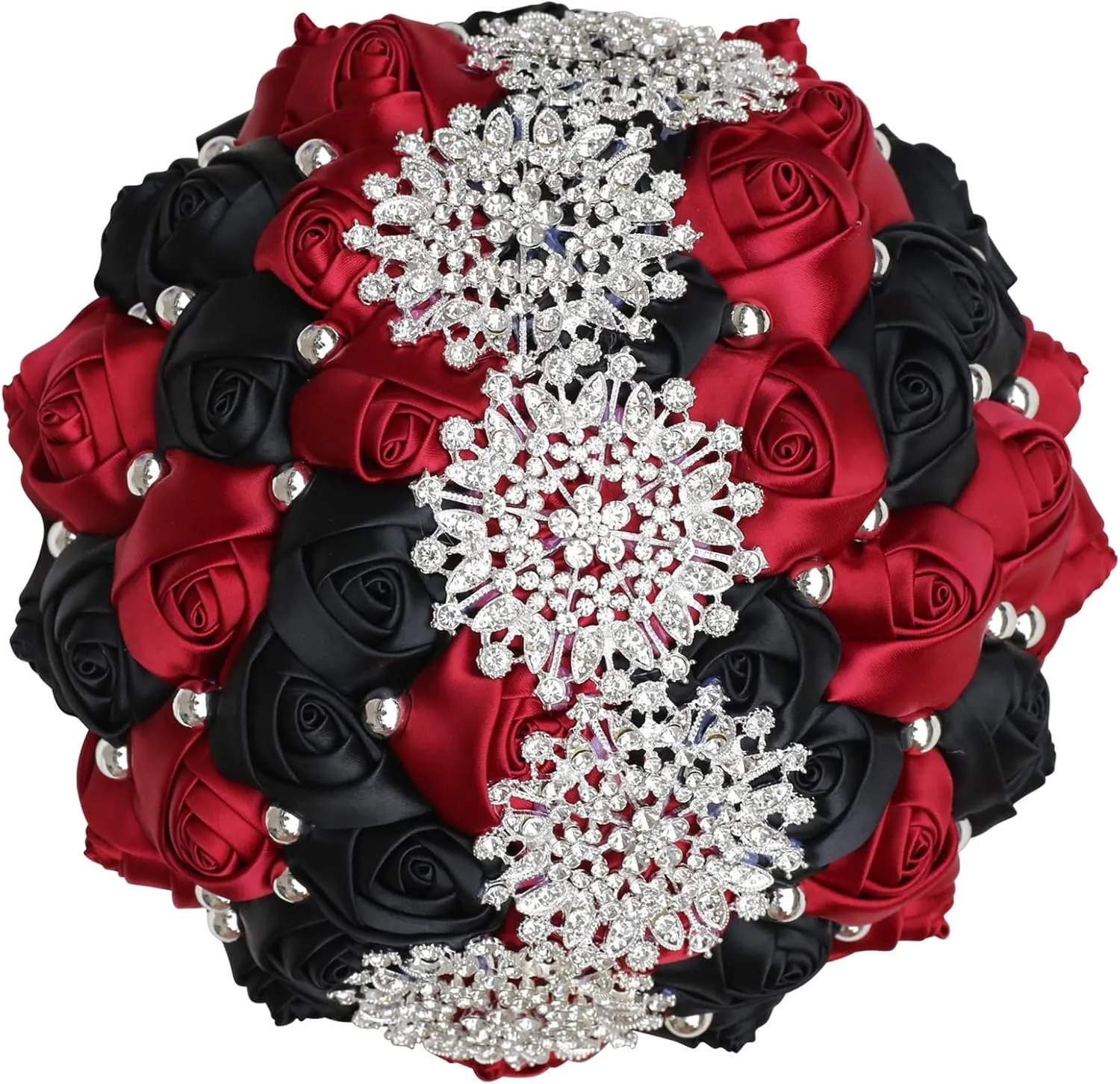 XINNI Handmade Bridal Wedding Bouquet Bride Bridesmaid Satin Rose Flower Bouquet with Rhinestone Pearl Lace Wedding Decoration (W-Black Dark Red)