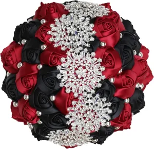 XINNI Handmade Bridal Wedding Bouquet Bride Bridesmaid Satin Rose Flower Bouquet with Rhinestone Pearl Lace Wedding Decoration (W-Black Dark Red)