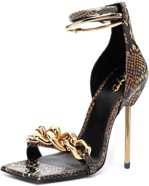 XYD Women Sexy Stiletto Heel Sandals Open Square Toe Metal Ring Back Zip Chic Party Shoes