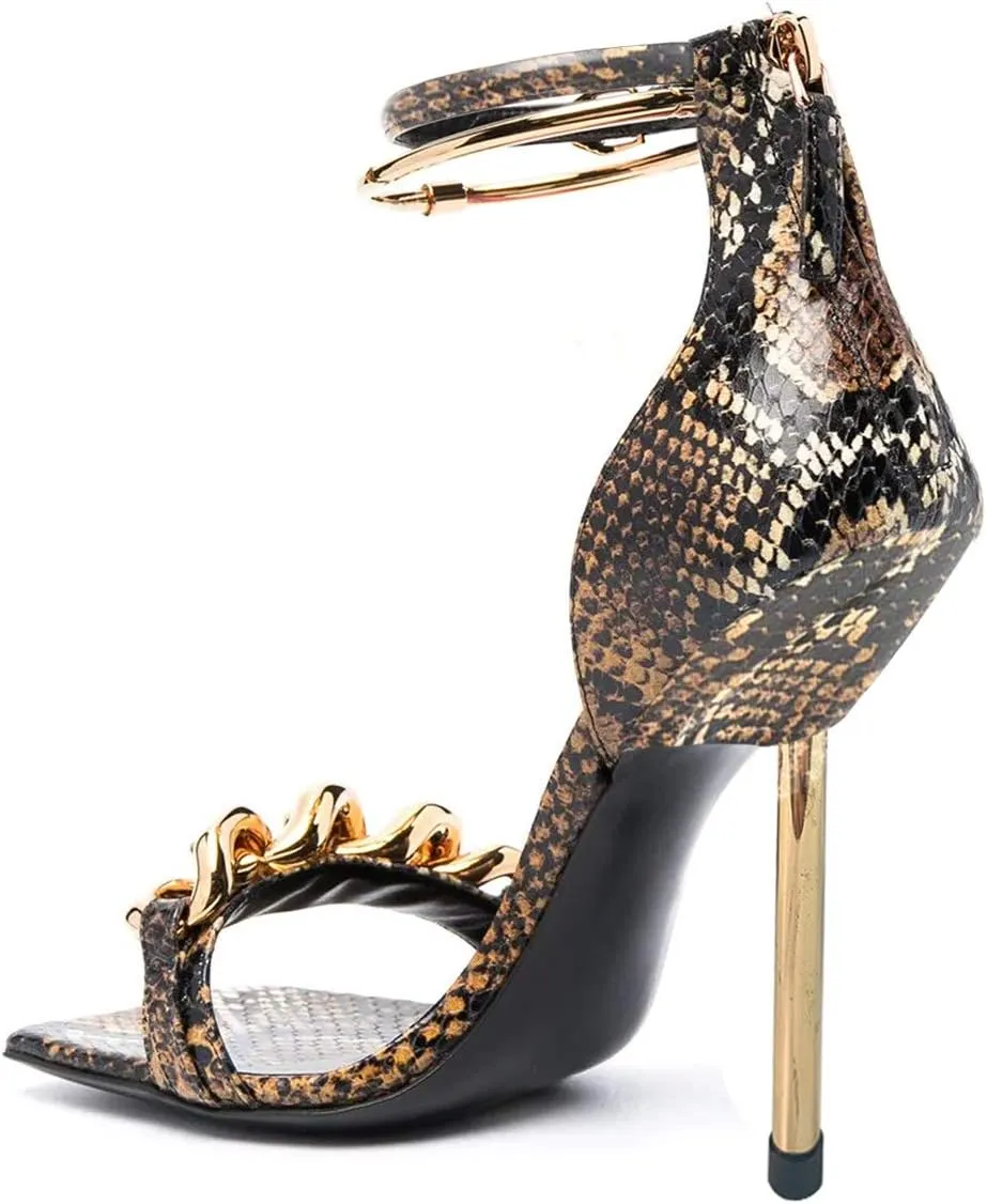 XYD Women Sexy Stiletto Heel Sandals Open Square Toe Metal Ring Back Zip Chic Party Shoes