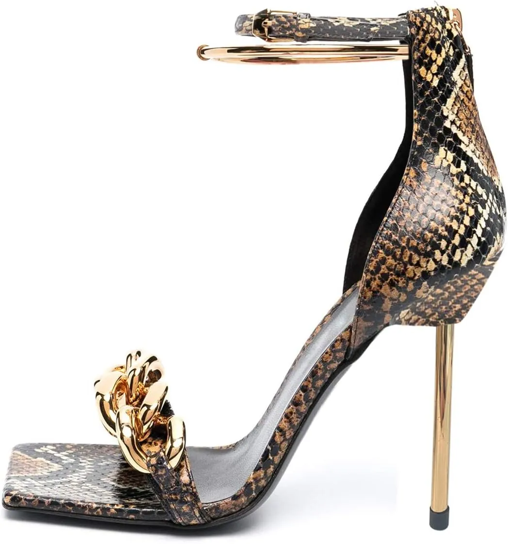 XYD Women Sexy Stiletto Heel Sandals Open Square Toe Metal Ring Back Zip Chic Party Shoes