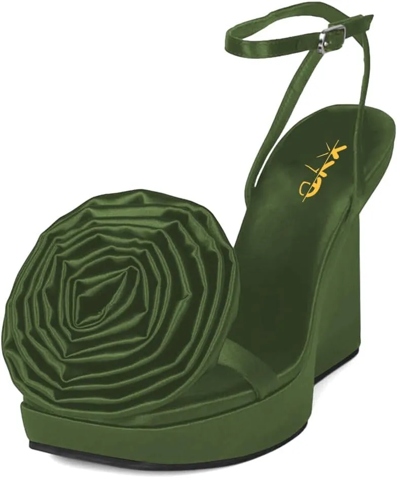 XYD Women's Wedges Platform High Heel Sandals with Oversized Rose Flower Square Open Toe Ankle Strappy Dress Club Evening Pumps Shoes