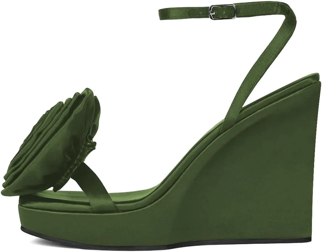 XYD Women's Wedges Platform High Heel Sandals with Oversized Rose Flower Square Open Toe Ankle Strappy Dress Club Evening Pumps Shoes
