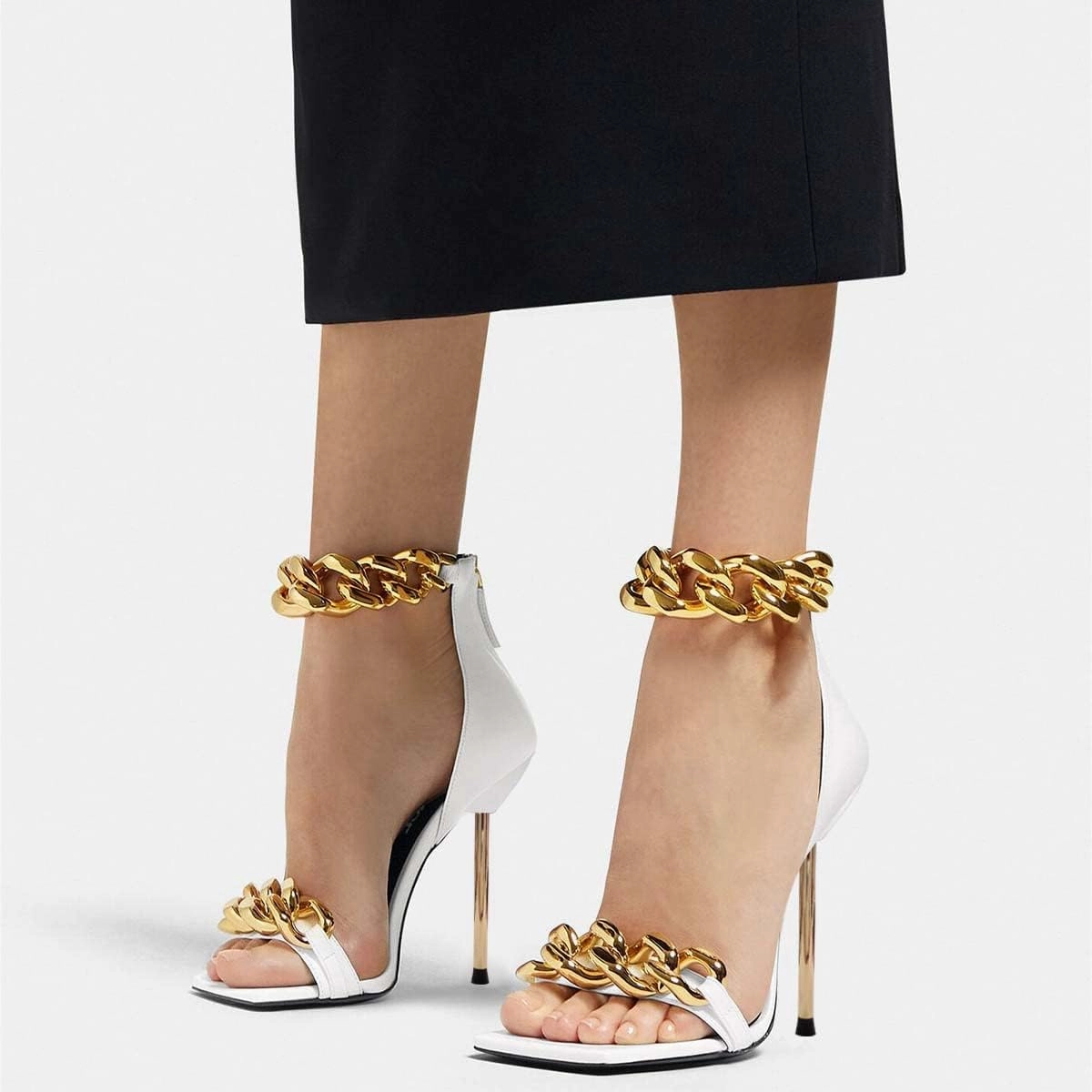 XYD Women Sexy Stiletto Sandals Open Square Toe High Heels Metal Ankle Chain Strap Back Zip Chic Nightclub Shoes