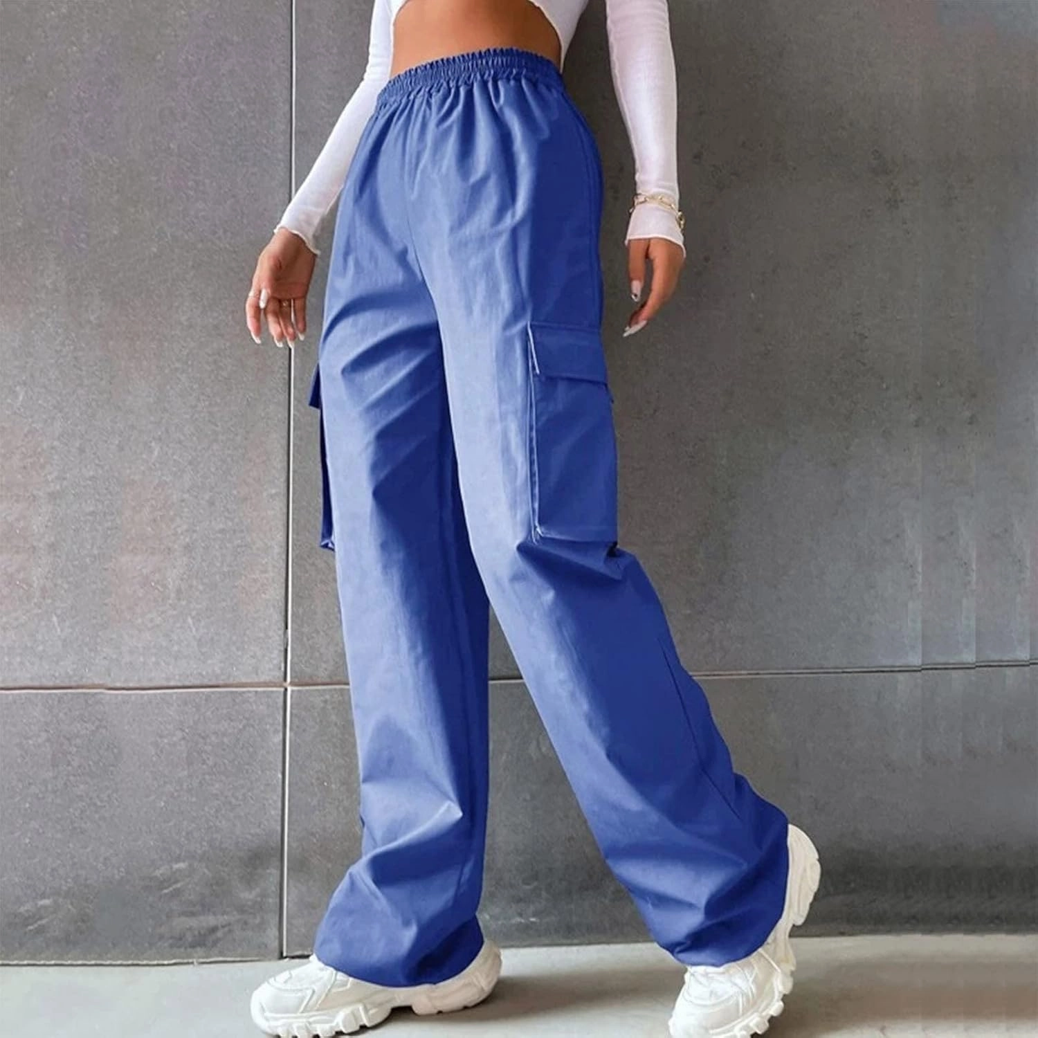 Y2K Cargo Pants for Women Straight Leg Casual Parachute Pants Elastic High Waist Flap Pockets Trousers Streetwear